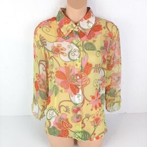 🔥Nicola Ladies Size Large Retro Floral Sheer Button Front Blouse Top